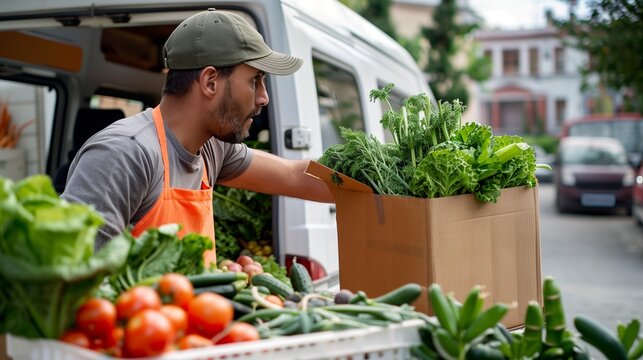 A local farmer is delivering a variety of fresh, organic produce including vegetables, greens, and fruits directly to customers doors in a branded delivery van, emphasizing farm-to-table freshness.