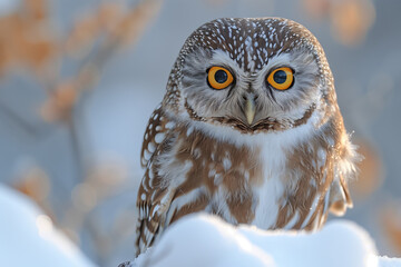 Closeup of a barred owl (Athene noctua) in winter