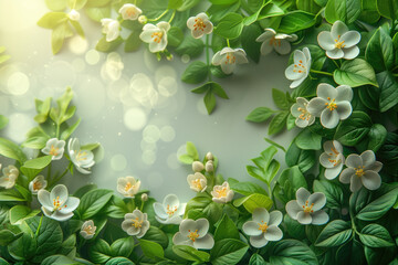 White jasmine flowers and green leaves on light background with copy space