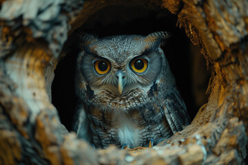 Eurasian scops owl (Otus scops) sitting in a hollow tree