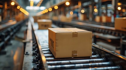 Photo of carton boxes on conveyor belt in warehouse, e commerce processed the order, depthoffield, professional photography, high resolution digital camera - obrazy, fototapety, plakaty