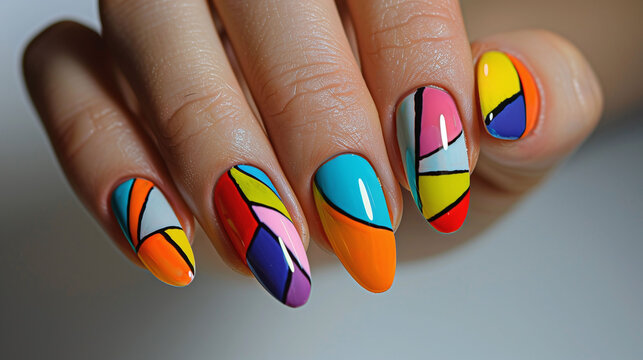 Nail art, Hand with colorful abstract swirl nail art design. Vibrant beauty and fashion concept for design and print
