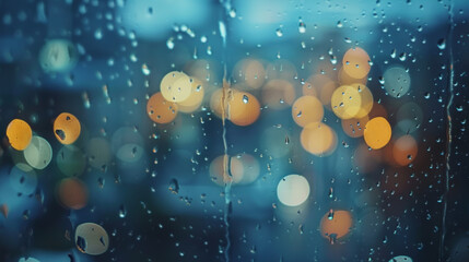 This image captures a mesmerizing pattern of raindrops on a glass surface with city lights creating a bokeh effect - obrazy, fototapety, plakaty