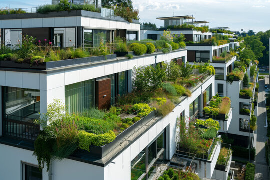 This photo concentrates on a contemporary housing complex that embodies sustainability with extensive roof gardens