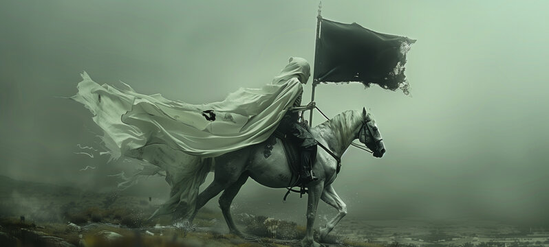 A skeletal figure rides on a pale horse, wielding a flag