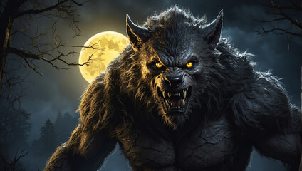 A menacing werewolf yellow eyes baring teeth standing - obrazy, fototapety, plakaty