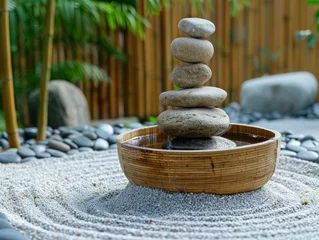 Foto auf Acrylglas A Zen composition with smooth stones in a wooden bowl amidst raked sand for a meditative garden landscape © Daniel