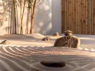 Foto auf Glas Warm sunlight casts soft shadows over a Zen garden with precise stone arrangement and raked sand © Daniel