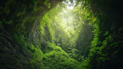 Lush green tunnel of trees from the deep jungles of Southeast Asia