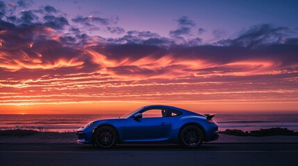 A vibrant blue sports car parked by the seaside with a breathtaking sunset sky as a backdrop - obrazy, fototapety, plakaty
