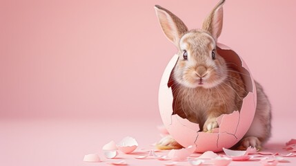 Cute bunny hatching from easter egg with copy space on pink background