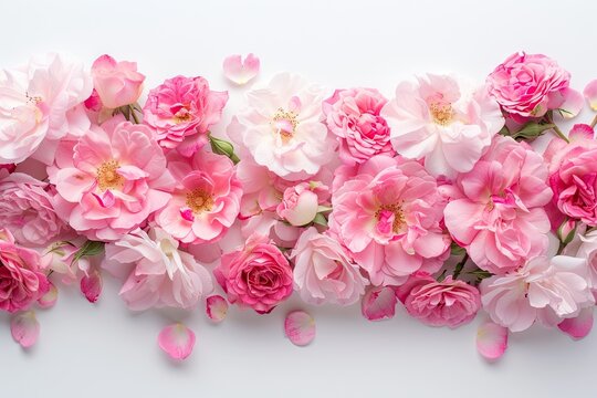 Close up of a bouquet of blooming pink roses and petals isolated on a white background with a little copy space above and below it. Floral frame composition. Free space, flat lay, top view.