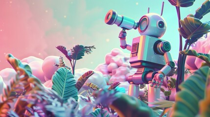 A whimsical rendering of a robot peering through a telescope surrounded by vibrant tropical foliage