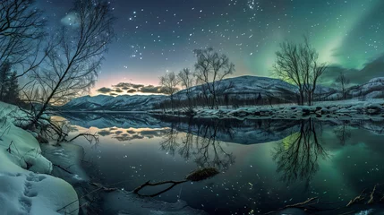 Fototapete Rund A breathtaking winter night scene with an aurora borealis display over a serene snowy landscape reflected perfectly in a calm lake © Daniel