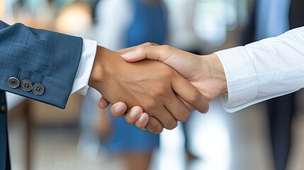 Close up of a male businessman shaking hands with a woman's hand. Project deal, agree, be friendly, stay in touch. - obrazy, fototapety, plakaty
