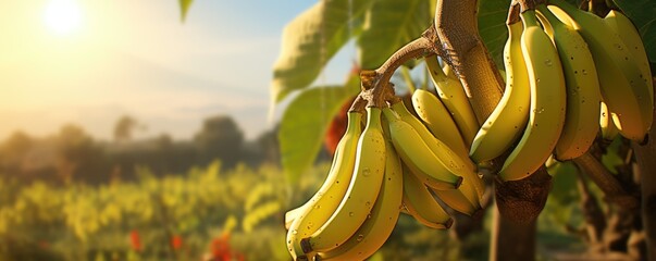 Bunches of bananas on amazing sunny banana plantation.