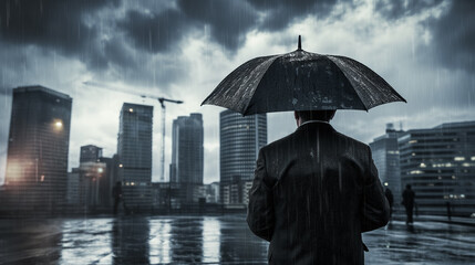 Man with umbrella in rainy city.
