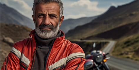 Portrait of a middle-aged man dressed in a motorcycle suit.
