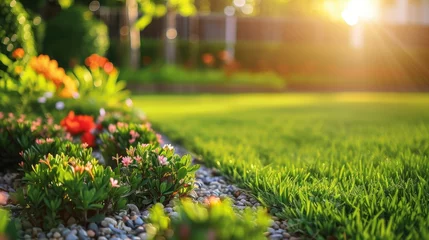 Foto op Plexiglas Peaceful backyard garden. The manicured lawn combines with the beauty of the flowers. © alauli