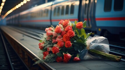 Close up of a discarded bouquet of roses at train station.