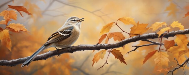 Beautiful mockingbird chirping among amazing autumn leaves . - obrazy, fototapety, plakaty
