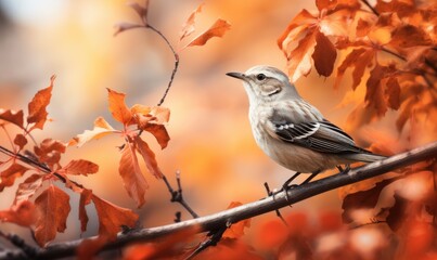 Beautiful mockingbird chirping among amazing autumn leaves . - obrazy, fototapety, plakaty