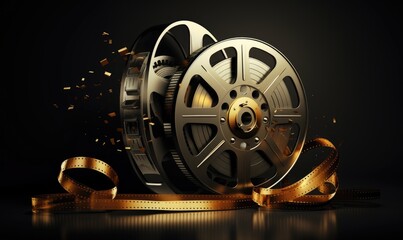 Golden vector film reel and twisted cinema tape. - obrazy, fototapety, plakaty