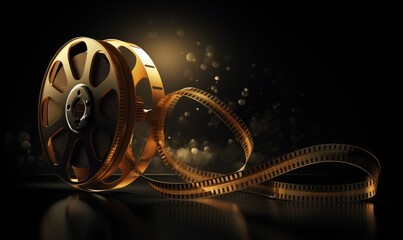 Golden vector film reel and twisted cinema tape.