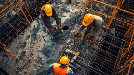 Construction Workers Craft Steel Reinforcement Bars