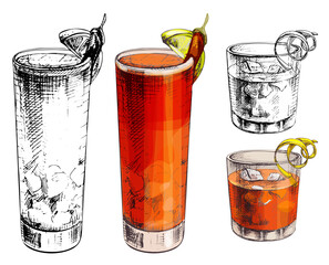 Negroni and Vampiro pepper cocktail with ice cube and twist slice lemon. Vector vintage hatching