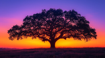 Fototapeta na wymiar A striking image of an oak tree against a colorful sky with shades of purple and orange during sunset in a serene landscape