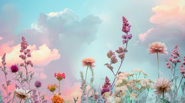 Serene image capturing a dreamlike sky with an array of beautiful flowers basking below