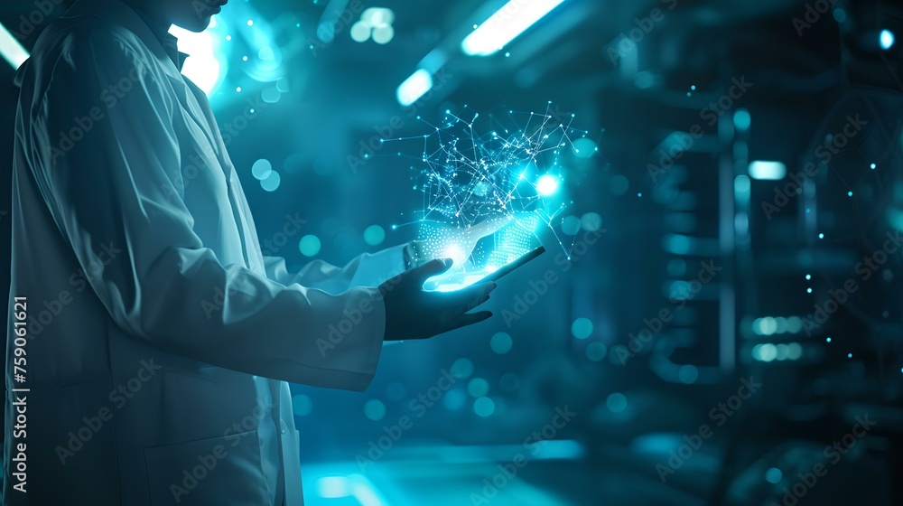 Aufkleber futuristic technology concept with a person holding a source of digital light and data. modern visua