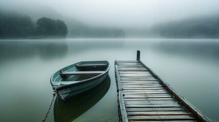 A restful tableau of a boat moored to a wooden quay, embraced by the enveloping morning mist by the lakeside - obrazy, fototapety, plakaty