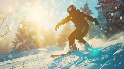  A snowboarder is engaged in freeriding. The beauty of freeriding, capturing the grace and style on the slopes. - obrazy, fototapety, plakaty