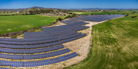 photovoltaic plant between crop fields, Villafranca de Bonany, Majorca, Balearic Islands, Spain