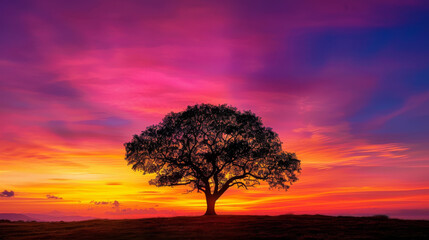 The lone tree creates a striking silhouette against a purple and pink sunset sky, as day turns to night