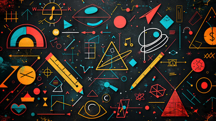 dynamic back to school background with a burst of colorful geometric shapes and symbols representing, Generative Ai 