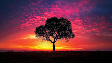 Fototapeta na wymiar Vivid red and pink hues paint the sky behind the black silhouette of a lone tree in a sprawling field