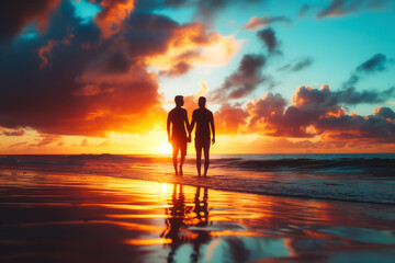 Silhouetted gay couple holding hands during a romantic sunset walk along the shoreline