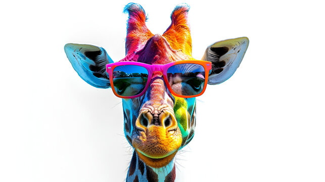 Cartoon colorful giraffe with sunglasses on white Background, Verspielte Cartoon-Giraffe auf weißem Hintergrund, Generative AI 
