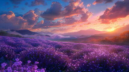 Breathtaking landscape showing lavender fields under a surreal, colorful sunset sky gently blended with clouds
