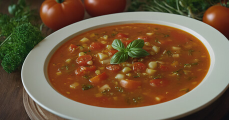 Soup. Tomato. With vegetables. Red soup
