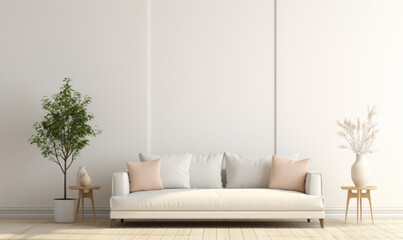 Modern living room interior with bright creamy sofa, white wall background