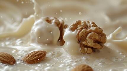 Background of vegan non dairy milk splash with almonds and nuts, Alternative healthy food and drink, Plant based eco organic product concept. Generative ai