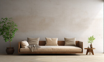 Modern living room interior with bright creamy sofa - obrazy, fototapety, plakaty