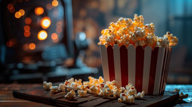 Cozy movie night at home with popcorn and drinks under the blanket, blurred background. generative ai