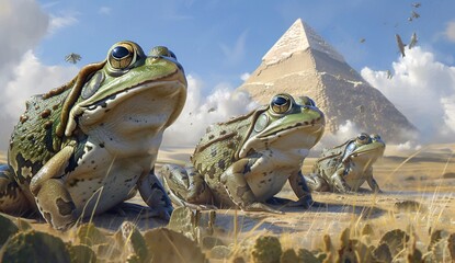 a group of frogs in front of a pyramid