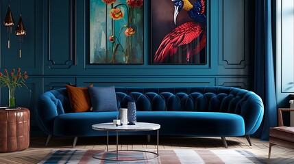 a detailed prompt for an AI to render an image showcasing a chic dark blue curved tufted sofa a