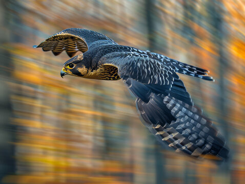 Detailed and dynamic image capturing the powerful essence of a Peregrine falcon flying with an artistically blurred autumnal background to convey movement